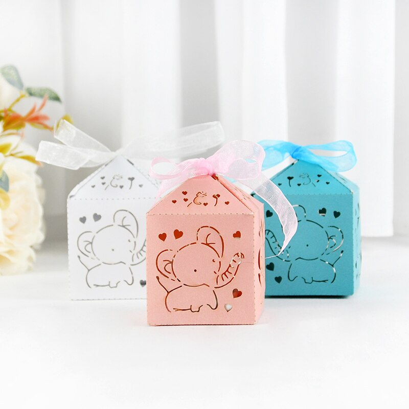 pcs Cute Elephant Laser Cut Candy Box Baby Shower Blue Pink Gift Packaging Boxes Ribbon Wedding Birthday Party Supplies 