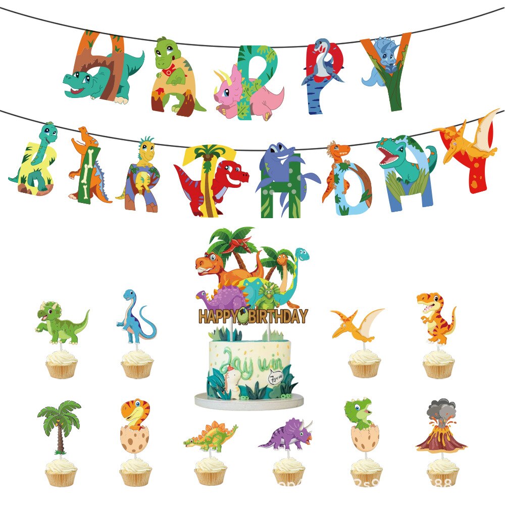 Dinosaur Theme Children's Birthday Party Decoration Balloon Set Banner Cake Topper Kids Boy Supplies 