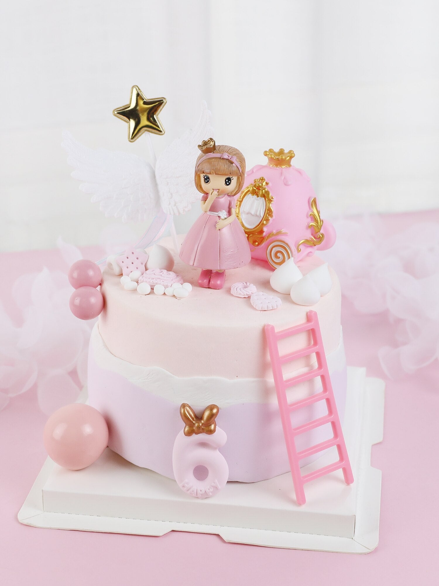 Pink Girl Bow Little Princess Pumpkin Car Girl's Happy Birthday Castle Cake Topper Kid Party Supplies Love Gifts 