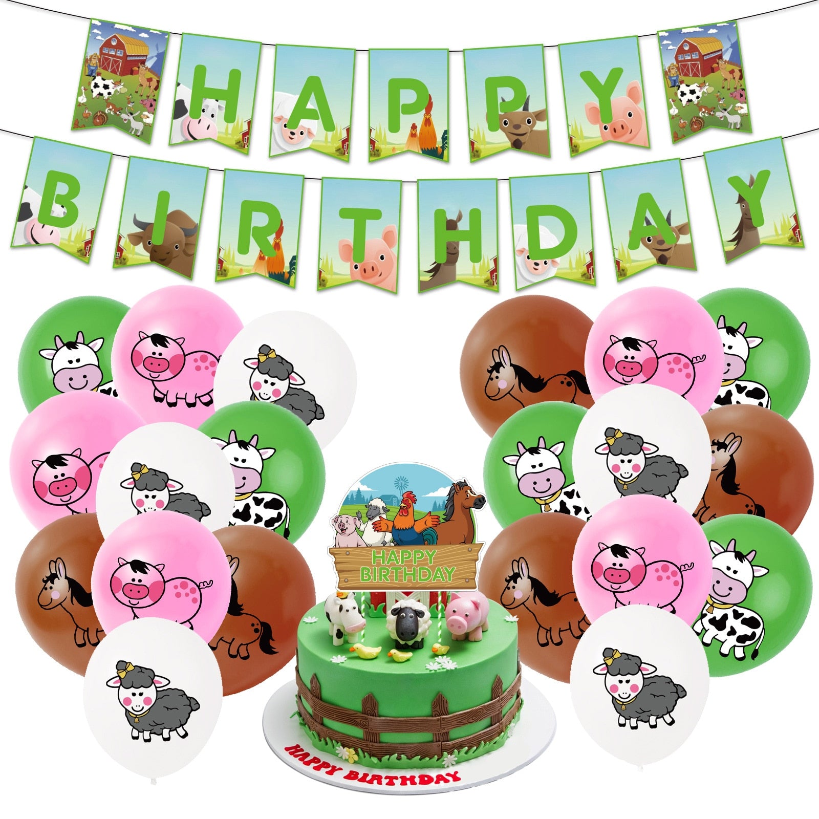 Farm Animal Theme Birthday Party Decoration Set Banners Cake Topper Kids Baby Shower Supplies 