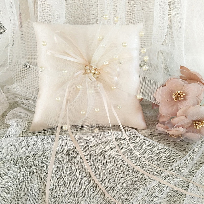 15x15cm European Romantic Bridal Wedding Ring Pillow Double Heart White Handmade Ribbon Cushion Decor for Wedding Ceremony PartyDecorHQ