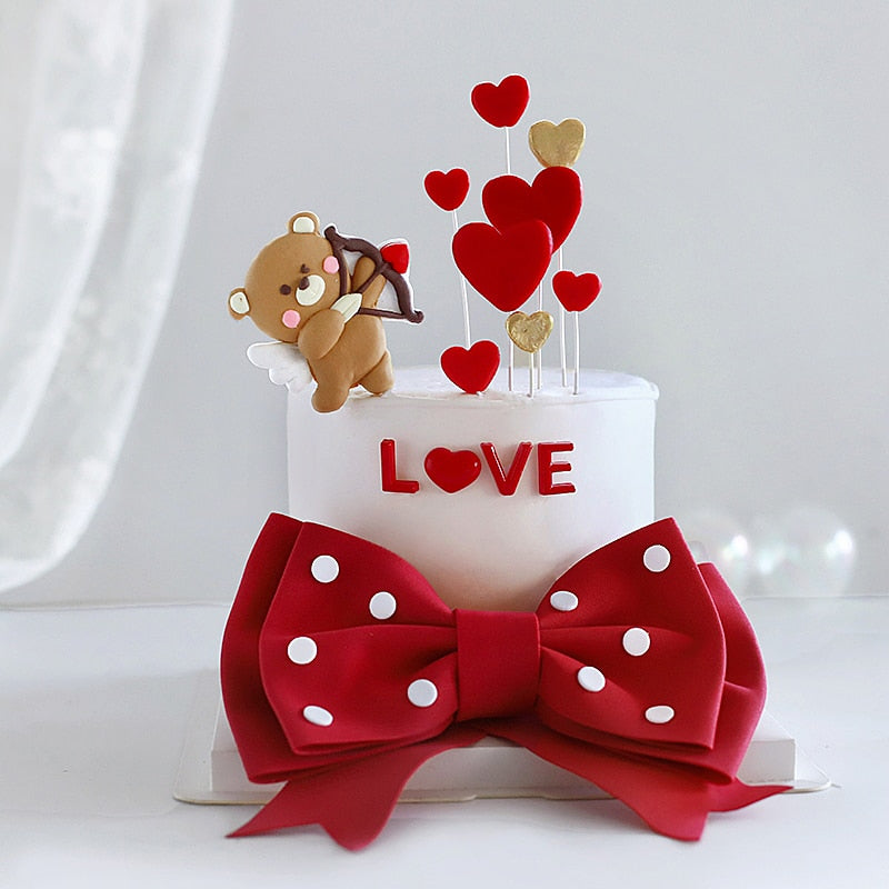 Valentine's Day Wedding Party Bear Red Bow Heart Cake Topper Decorations Love Pink Pearl Card Luminous Decor Doll Gifts 