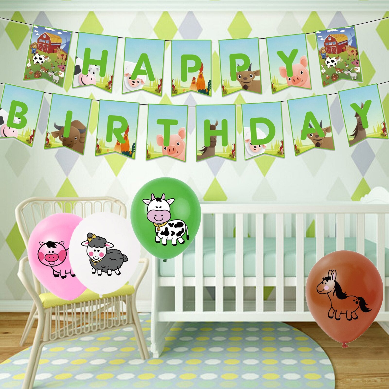 Farm Animal Theme Birthday Party Decoration Set Banners Cake Topper Kids Baby Shower Supplies 