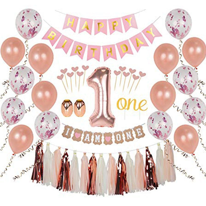 Rose Gold Balloons st Girl Birthday Party Decoration Confetti Happy Banner Baby Year Old Inflatable Decorations