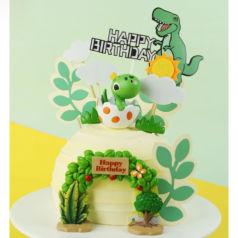 Lovely Dinosaur Birthday Eggshell Cartoon Baby Cake Topper Green leaf Arch Dino Collection Kids Boy Party Baking Gifts 