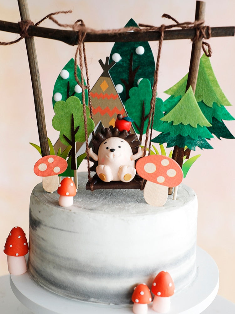 Hedgehog Swing Resin Cake Topper Birthday Party Animal Decorations Tree Hawaiian Summer Jungle Baking Decor 