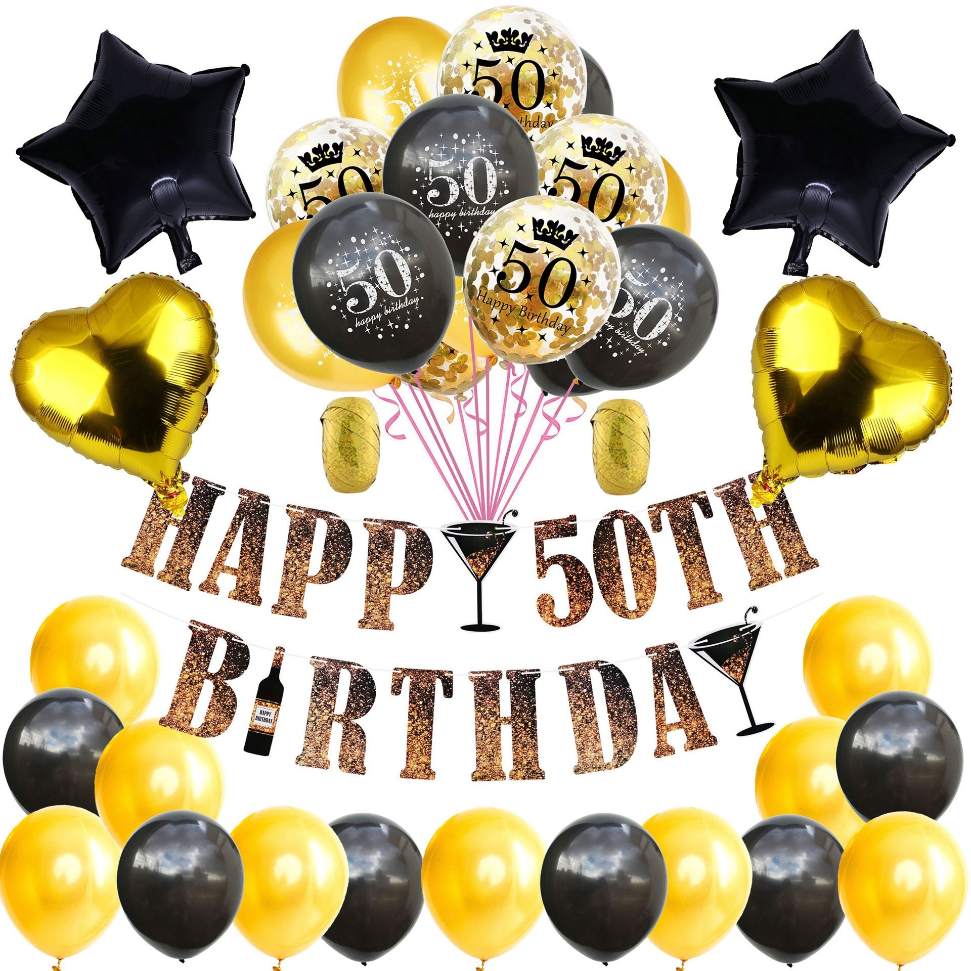 Gold Black Happy Birthday Banner Balloon Set Star Heart Foil st- th Boy Girl Men Women Decoration Inflatable Party Decorations