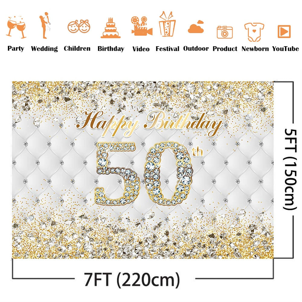 th Gold Birthday Backdrop White Heardboard Women Party Decoration Banner Fifty Golden Photocall 