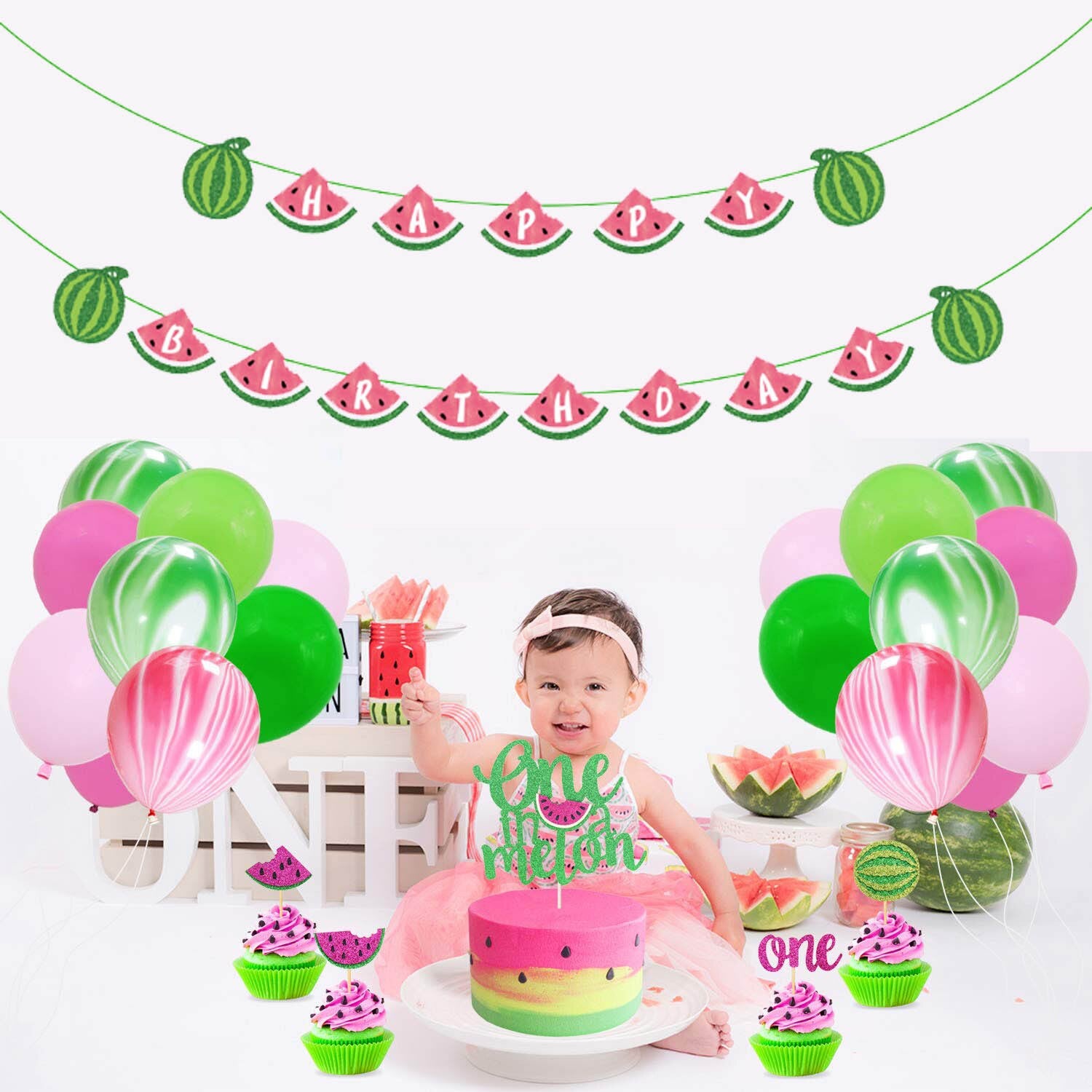 Summer Theme Birthday Party Decoration Agate Latex Balloon Watermelon Banner Cake Toppers Girl Years Old st 