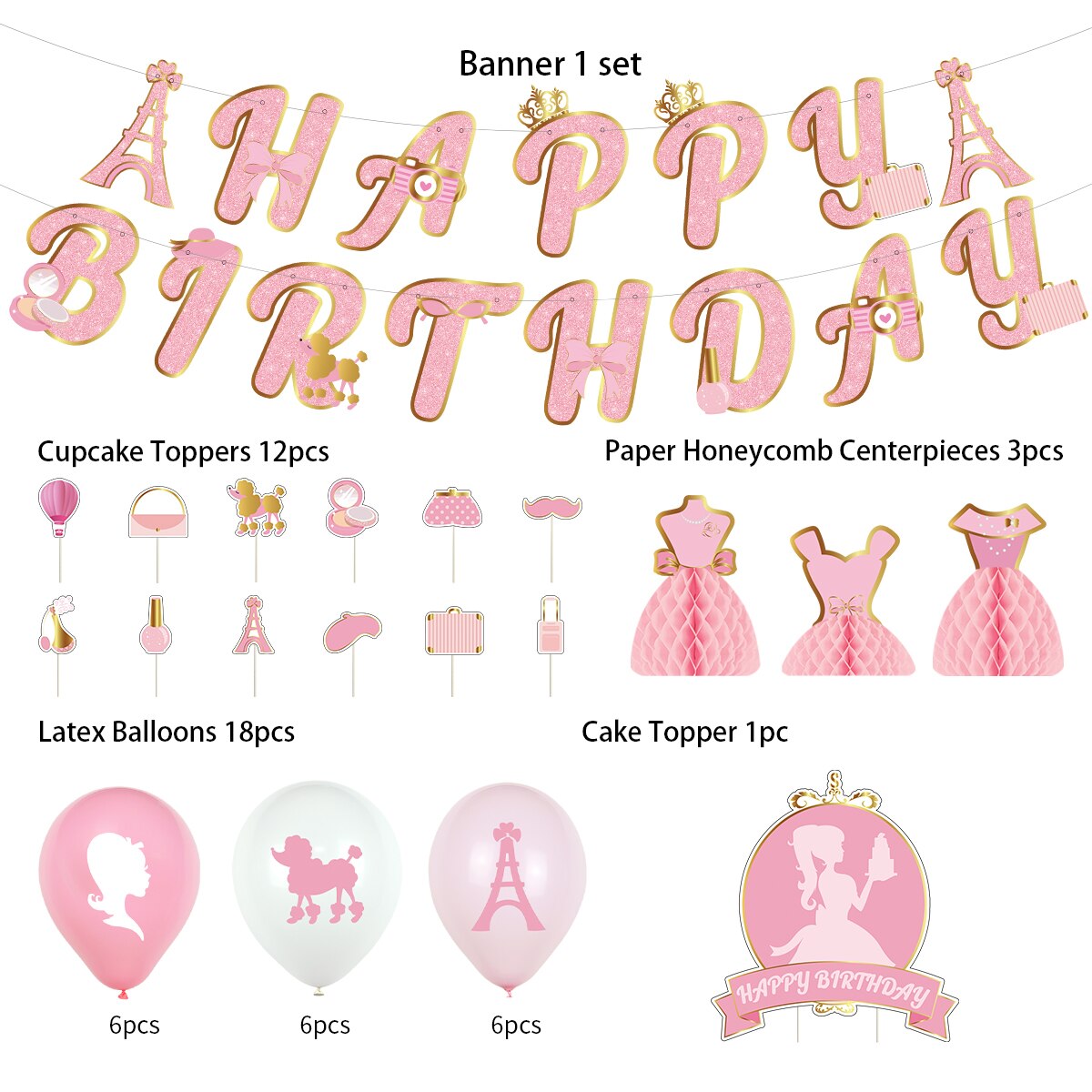 Fashion Girls Romantic Birthday Party Decoration Pink White Balloon Set Princess Print Banner Cake Topper Paper Honeycomb Ball 