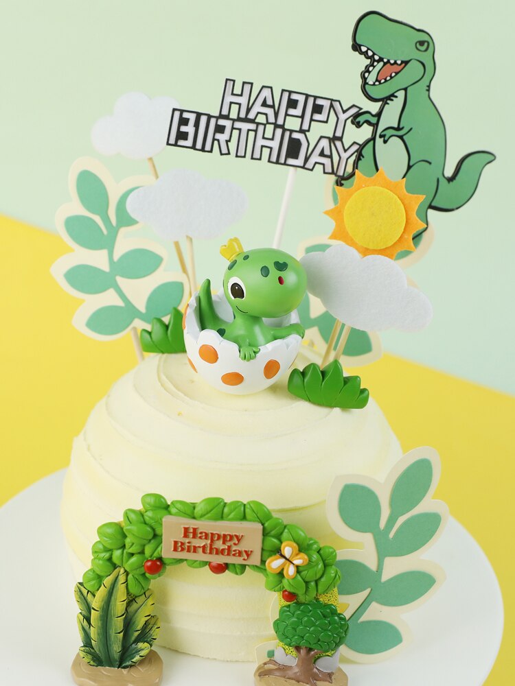 Lovely Dinosaur Birthday Eggshell Cartoon Baby Cake Topper Green leaf Arch Dino Collection Kids Boy Party Baking Gifts 