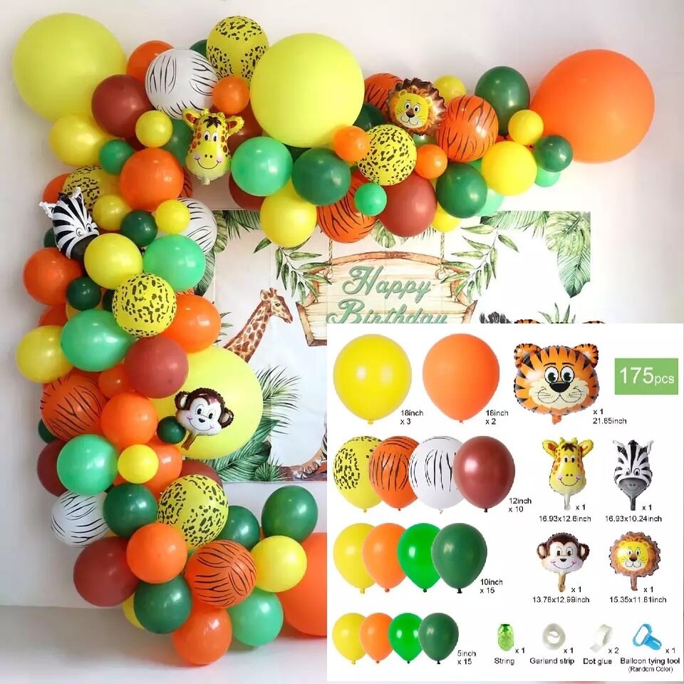 Jungle Wildlife Aluminum Foil Balloon Garland Baby Shower One Year Old Birthday Decoration Green Arch Kit Party Supplies Inflatable Decorations