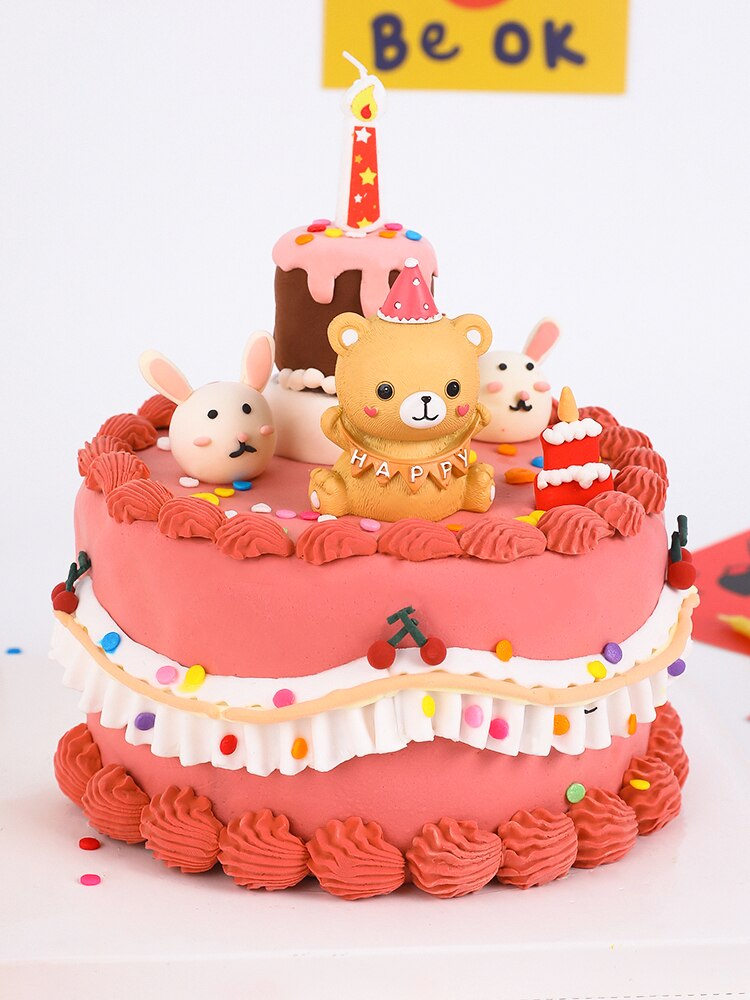 Toy Cabin Bear Resin Happy Birthday Cartoon Party Cake Topper Kids Baby Shower Baking Accessories Supplies Toppers 