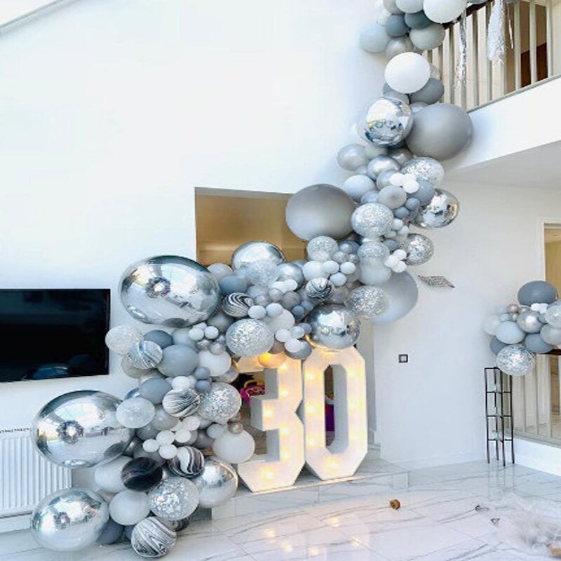 133pcs Black Agate Balloons Garland Arch Kit white gray Latex Silver 4D Confetti Balloon Wedding Baby Birthday Decoration Globos PartyDecorHQ