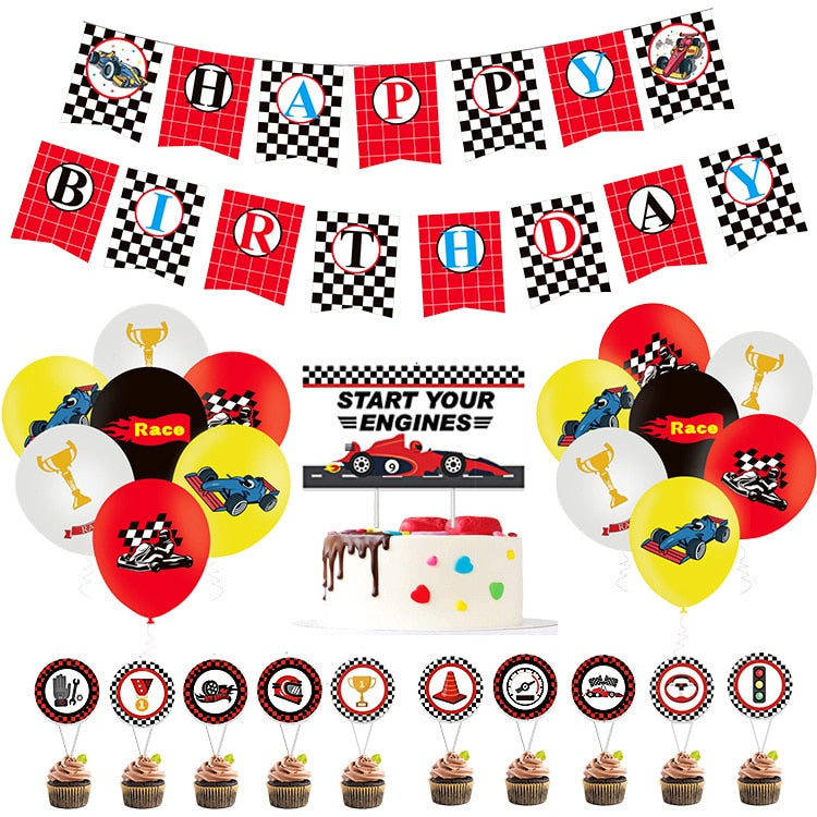 Racing Theme Birthday Party Decoration Balloon Set Red Black with Happy Birthday Banner Cake Topper for Kids Party Supplies PartyDecorHQ