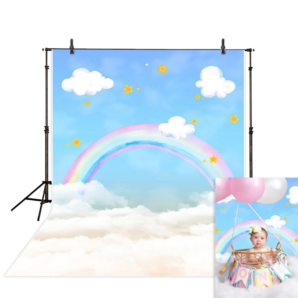 photography backdrops rainbow Clouds blue sky stars children baby shower newborn birthday photo studio Backgrounds 