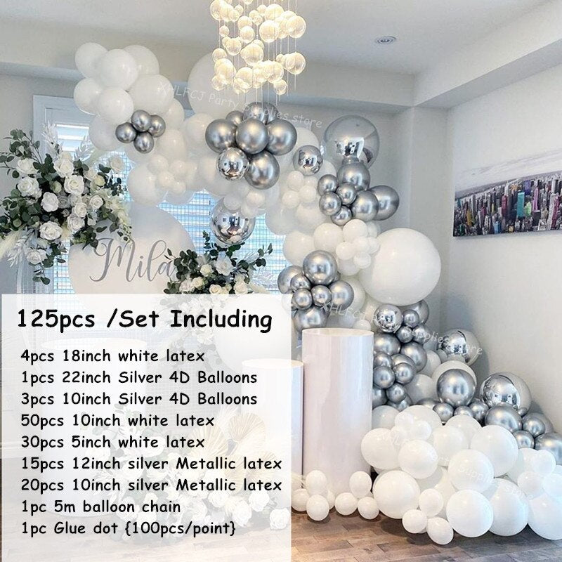 pcs White Silver Metallic Balloons Garland Arch Kit Ball Baby Shower Wedding Decoration Background Wall Party Supplies Inflatable Decorations