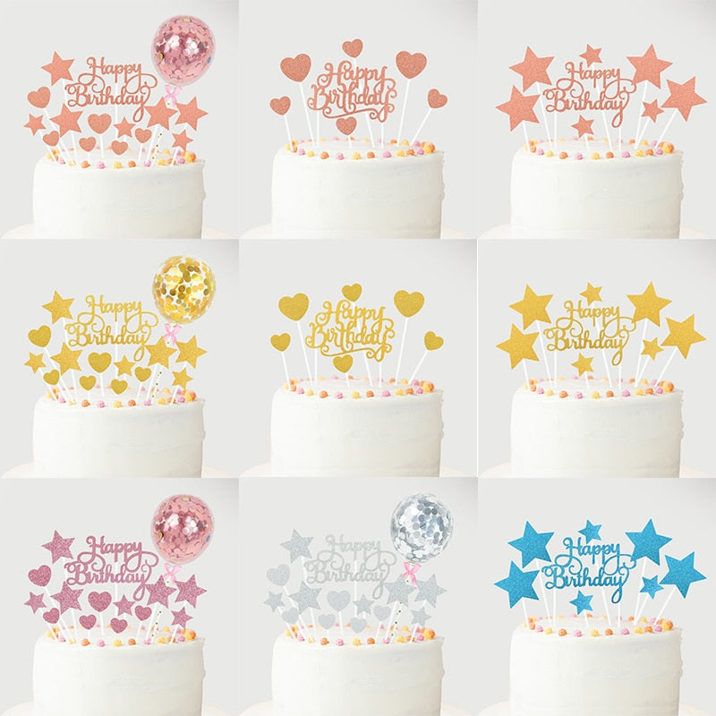 1 Set Creative Glitter Happy Birthday Cake Topper Heart Star Cupcake Topper For Birthday Party Baby Shower Cake Decor Supplies-PartyDecorHQ