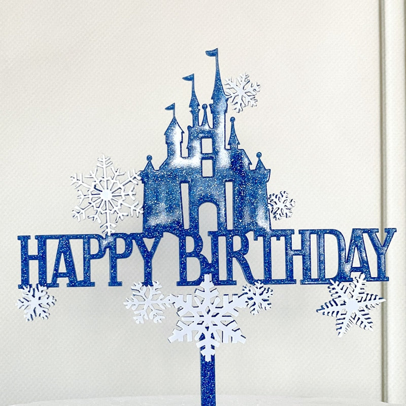 Happy Birthday Cake Topper Snowflake Castle Decoration Acrylic Blue Christmas Tree Cupcake Toppers Baking 