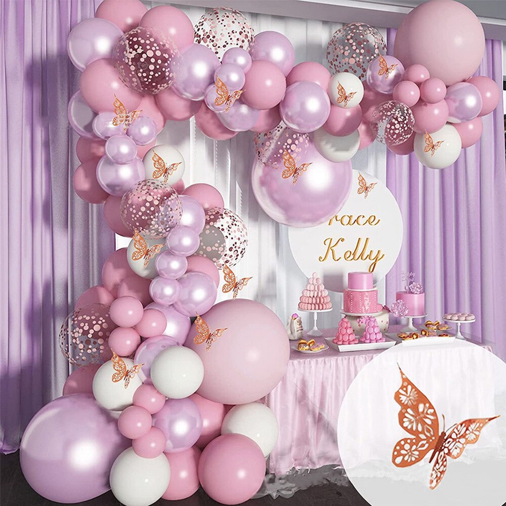 Pink Purple Butterfly Theme Latex Balloon Party Decoration Set Confetti Balloons Women Girl Wedding Birthday Supplies 