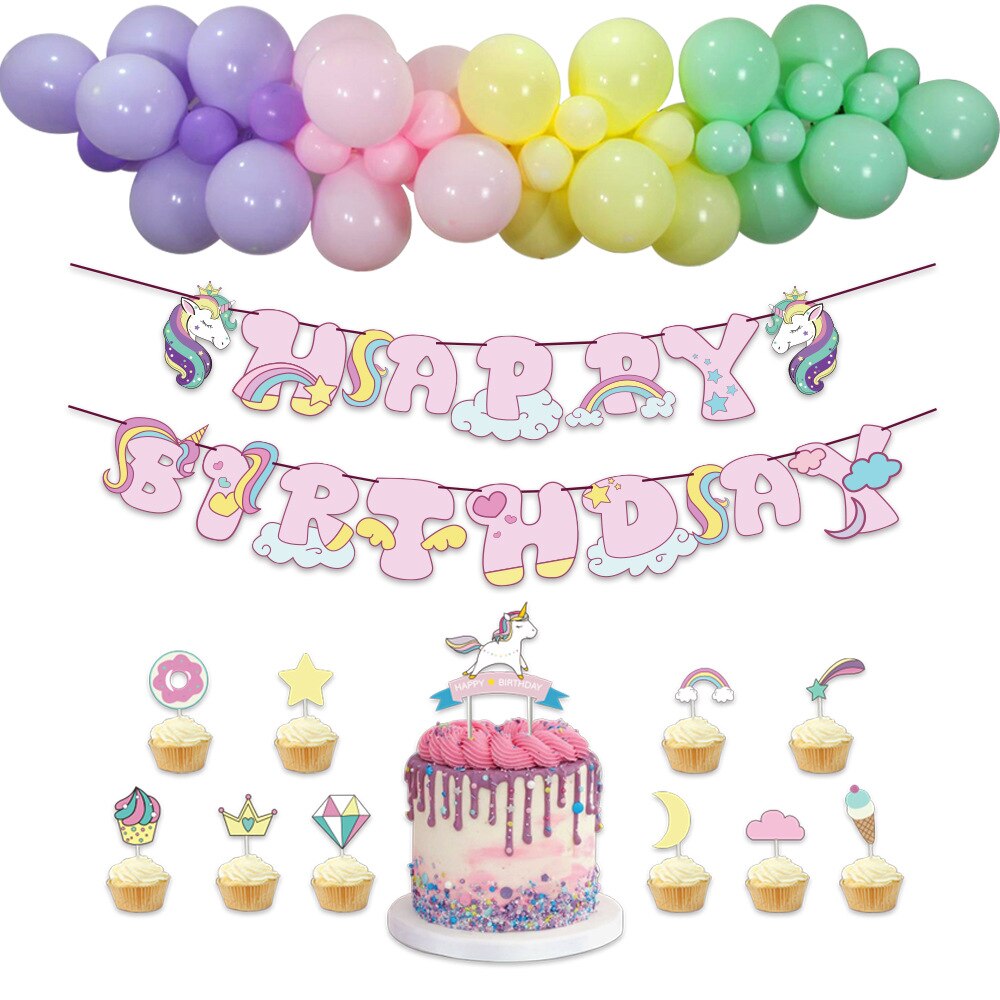 Unicorn Theme Party Decoration Balloon Set Paper Banner Cake Topper Kids Girl Birthday Supplies 