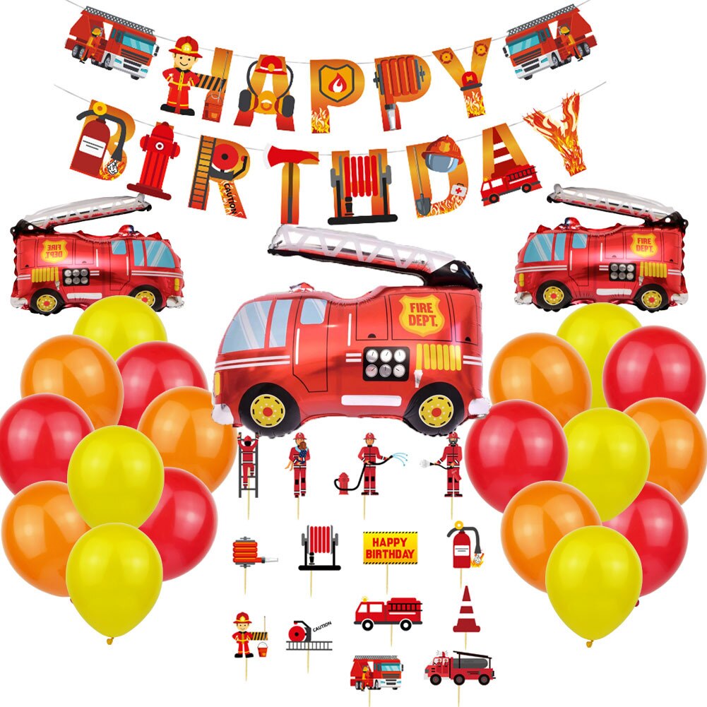 Engineering Vehicle Theme Balloon Birthday Decoration Set Fire Truck Foil Balloons Cake Topper Boy Party 