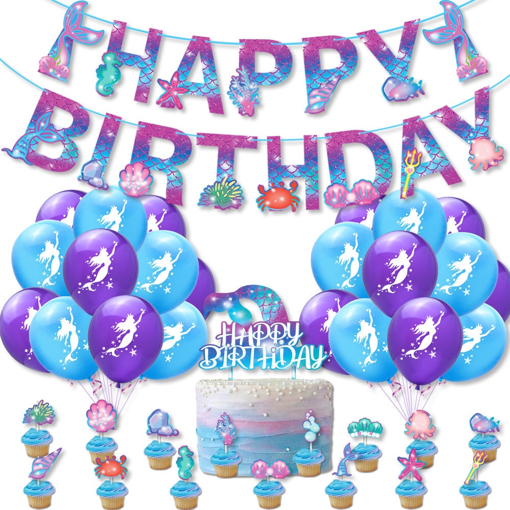 Cartoon Mermaid Theme Happy Birthday Party Decoration Purple Latex Balloon Set Banner Cake Topper Girls 