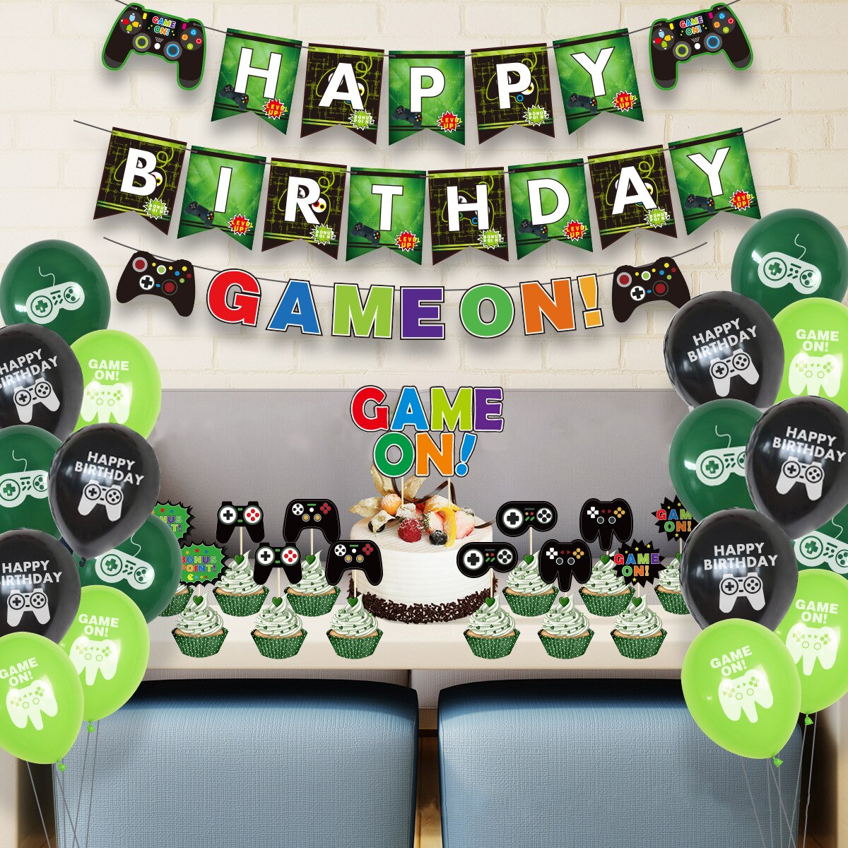 Game Theme Birthday Party Balloon Decoration Set Controller Banner Cake Topper Boy Supplies 