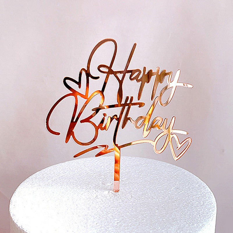 Happy Birthday Letter Cake Topper Gold Silver Writing Acrylic Cupcake Decoration Kids Party Dessert Supplie Gifts 