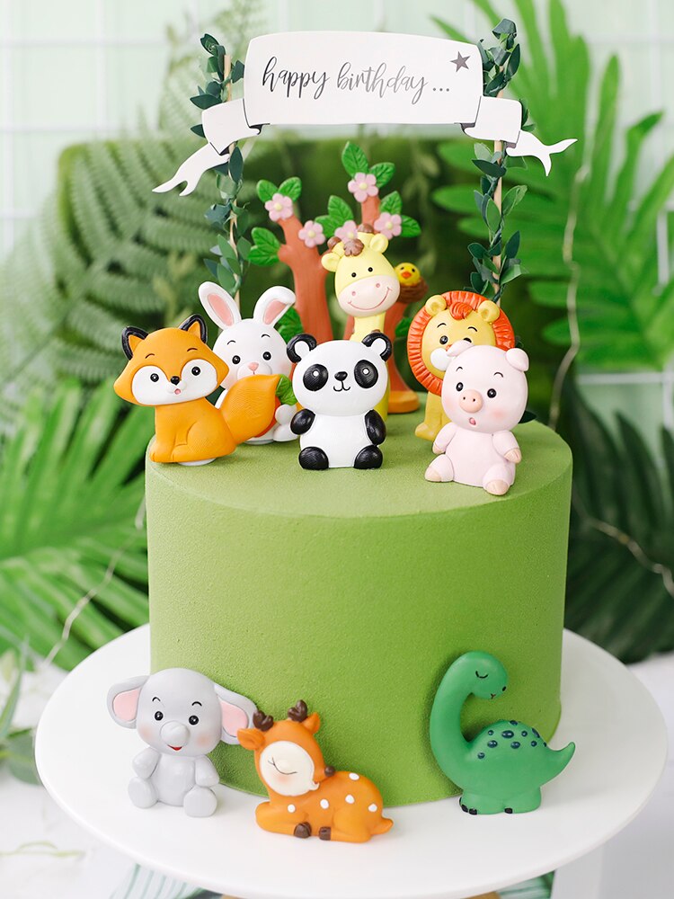 Woodland Animals Cake Decor Soft Clay Lion Elephant Tiger One st Jungle Safari Topper Happy Birthday Party Kids 