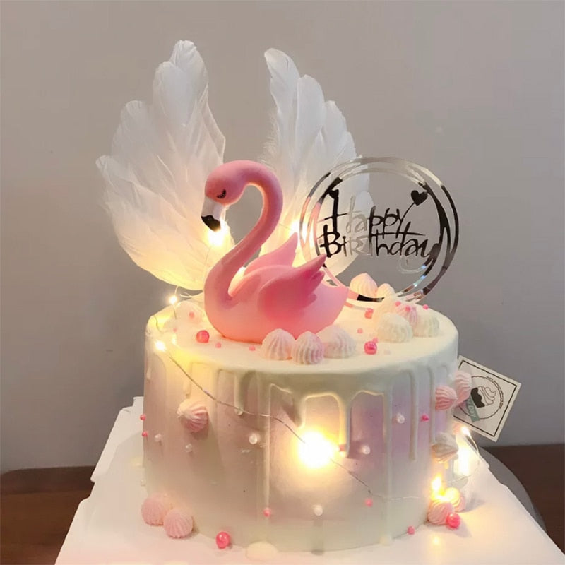 Picks Birthday Cake Decoration Gateau Flamingo Anniversary Party Swan Wing Flamingo Decoratie Cake Topper Wedding Couple Cartoon PartyDecorHQ