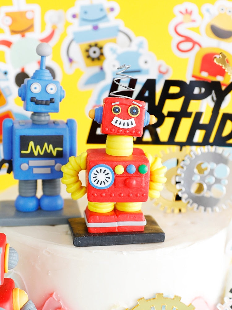 Cake Topper Baking  Punk City Mechanical Gear Birthday Card Plug-in Steam Robot Soft Pottery Doll Cake Decoration Party Supplies PartyDecorHQ