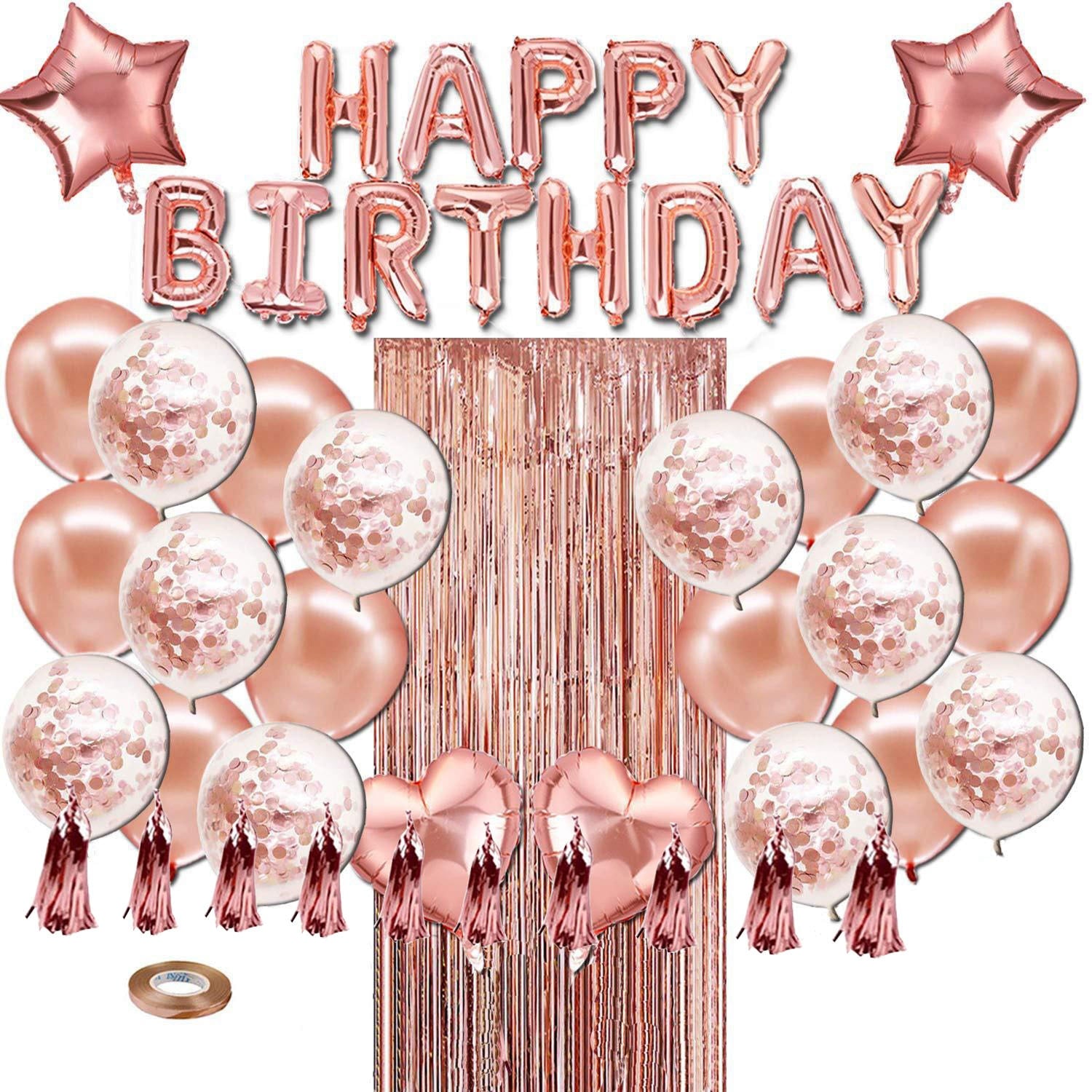 Rose Gold Happy Birthday Letter Aluminum Film Balloon Confetti Balloon Set Tassel Rain Silk Curtain for Women Party Decoration PartyDecorHQ