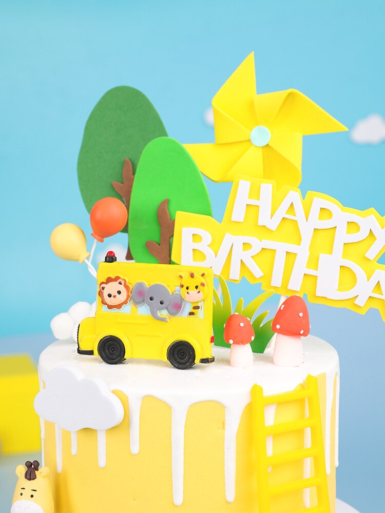 Baking Cake Topper Cartoon Yellow Animals School Bus Ornaments Lion Elephant Joy Forest Party Decoration Baby Shower 