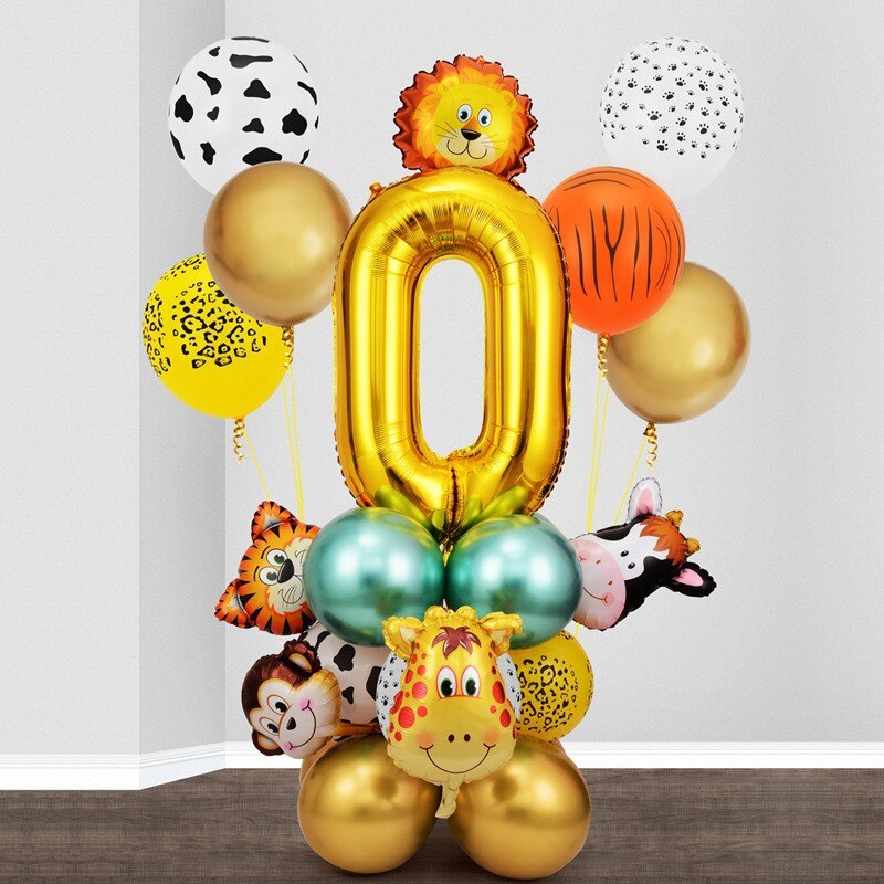 Cartoon Animal Balloon Column Set Giraffe Lion, Monkey Gold Number Foil Boy Girl Birthday Party Decoration 