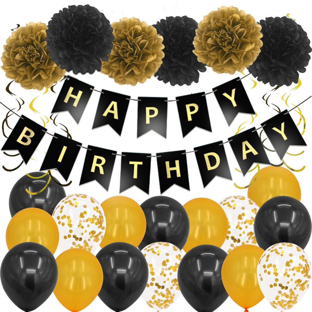 Happy Birthday Party Supplies Black Gold Banner Confetti Balloon Paper Pompoms Women Girl Home Decoration 