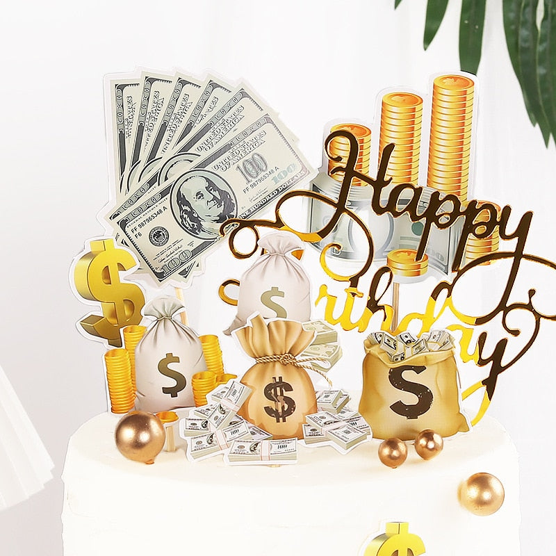 Happy Birthday Wedding Cake Topper Money Set Anniversaire Decoration Flag Party DIY Baking Supplies Cupcake Toppers Baby Shower 