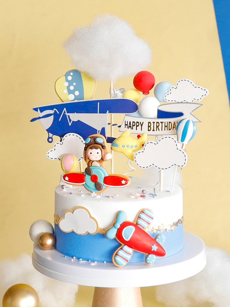 Cartoon Cloud Fighter Windmill Pilot Girl Boy Happy Birthday Cake Topper Baking Suplies Party Decoration Kid Sweet Gifts 