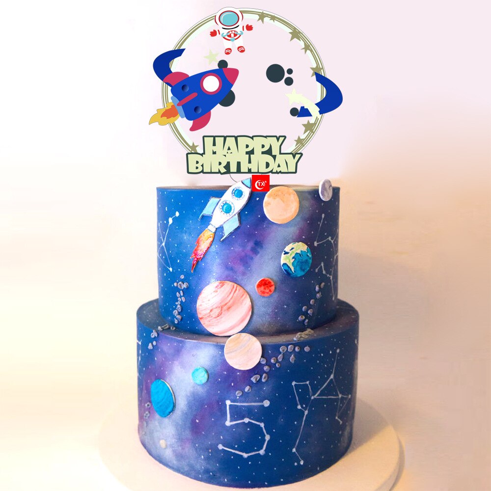 Planet Acrylic Happy Birthday Cake Toppers Transparent Astronaut Space Kids Party Cupcake Decorations 