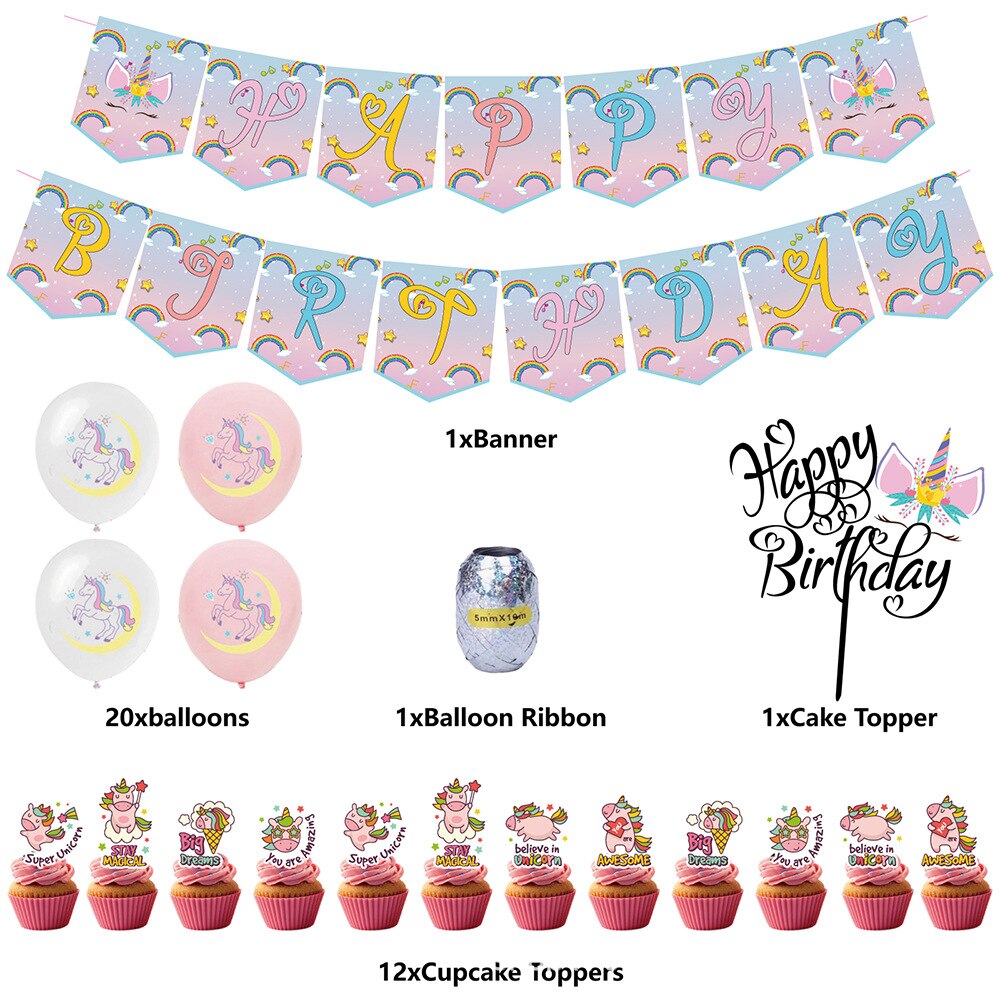 Unicorn Children's Party Decoration Balloon Arch Kit Happy Birthday Banner Cake Topper Latex Girl 