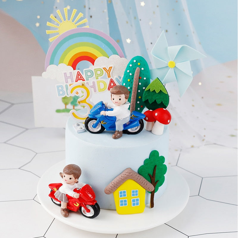 Motorcycle Boy Girl Cake Topper Used Birthday Party Decoration Supplies Rainbow Mushroom Tree Baby Shower Dessert Flags 