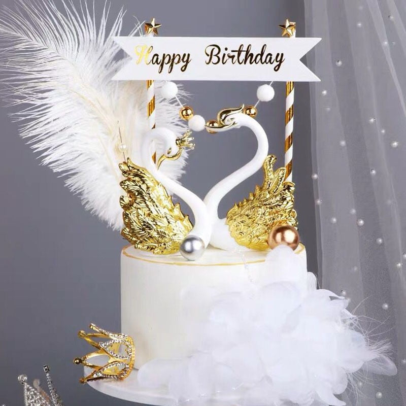 Gold Silver Flamingo Birthday Cake Topper Peacock Feather Wedding Party Dessert Flags Picks Crown Anniversary Cupcake Decoration 