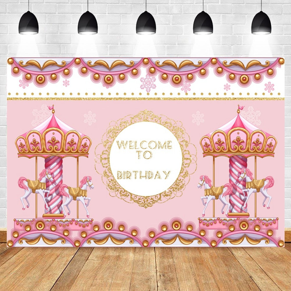 Happy Birthday Carousel Horse Photography Baby Party Decor Backdrop Photocall Background Photophone Photographic Photo Studio 