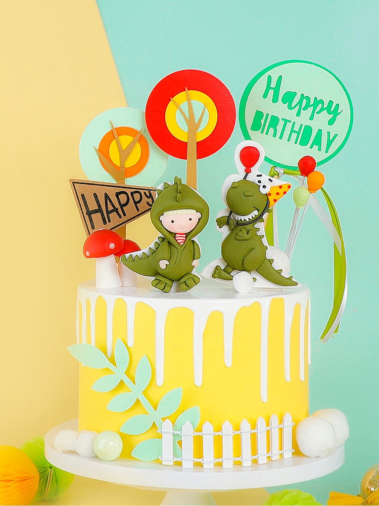 Cartoon Baby Green Yellow Dinosaur Soft pottery trees Boy's Birthday Cake Topper Dessert Decoration Decor 