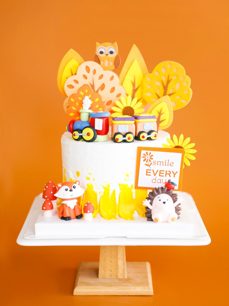 Animals Train Cake Toppers Hedgehog Boy Girl Birthday Party Decoration Fox Owl Car Kid Theme Baking Supplies Dessert Gifts 