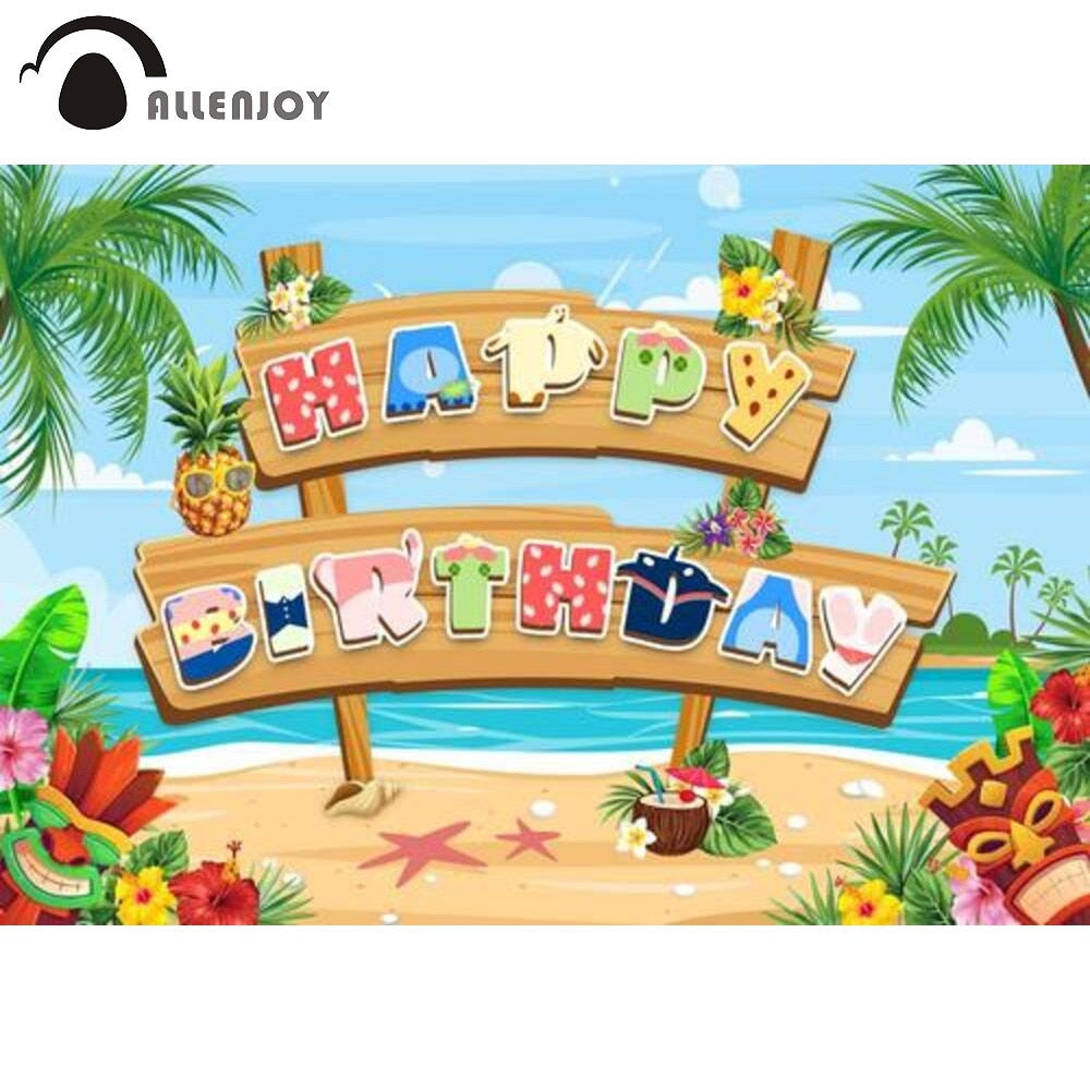 Summer Happy Birthday Party Tropical Background Seaside Beach Trees Wood Baby Shower Holiday Photozone Backdrop PartyDecorHQ