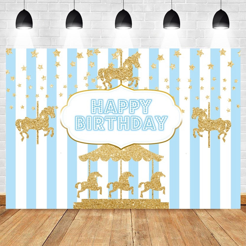 Happy Birthday Carousel Horse Photography Baby Party Decor Backdrop Photocall Background Photophone Photographic Photo Studio 