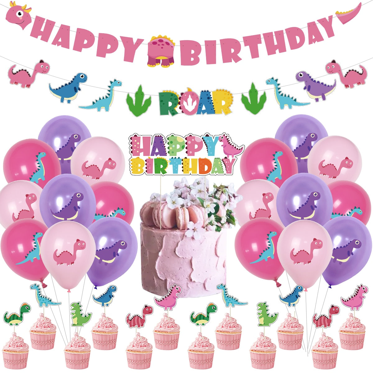 Dinosaur Theme Birthday Party Decoration Pink Purple Balloon Girl Supplies Banner Dragon Shape Cake Topper 