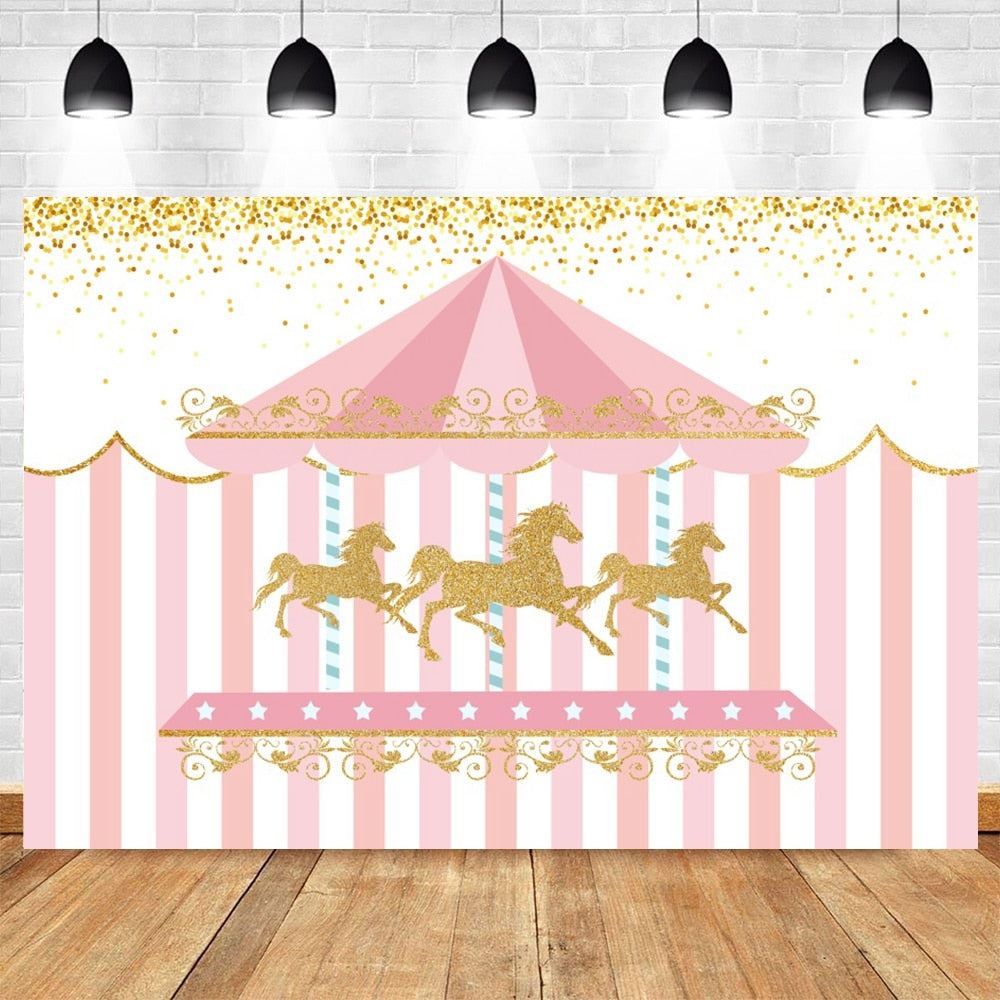 Happy Birthday Carousel Horse Photography Baby Party Decor Backdrop Photocall Background Photophone Photographic Photo Studio 