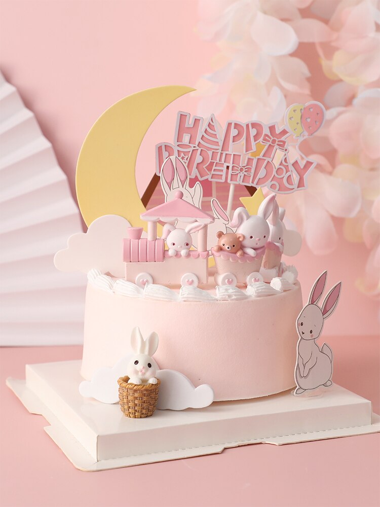 Rabbit Cake Topper Bunny Train Carrot Kids Birthday Party Happy Decoration Cupcake Decor Wedding Baking Supplies Easter DIY PartyDecorHQ